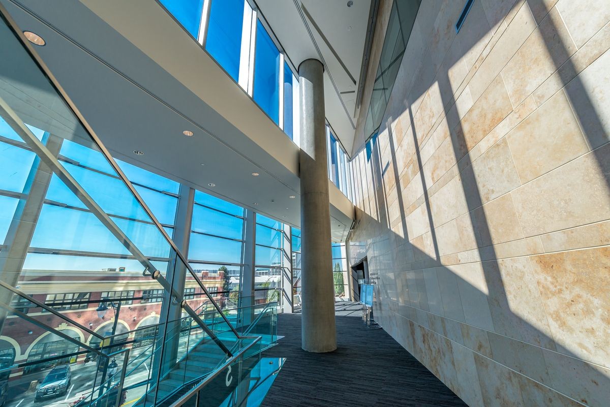 Abstract fragment of the urban architecture of modern luxury building, center, hotel, shopping mall, business center. Interior design. Vancouver, Canada.